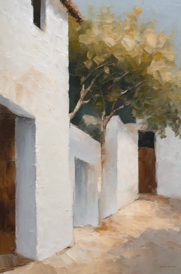 Painting of a sunlit street with white buildings and a tree