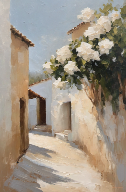 Painting of a sunlit street with white flowers and buildings
