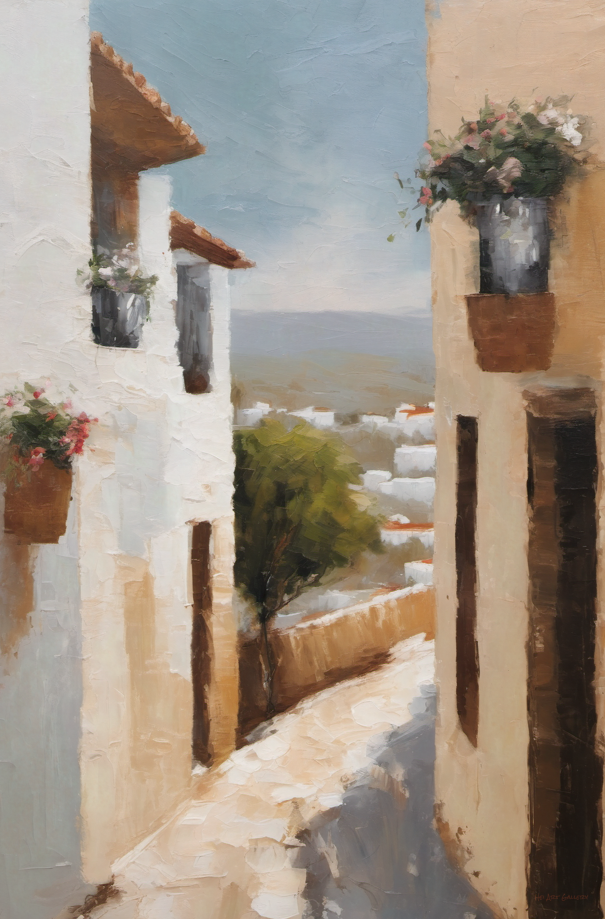 Painting of a Mediterranean street with white buildings, flowers, and a view of the sea.