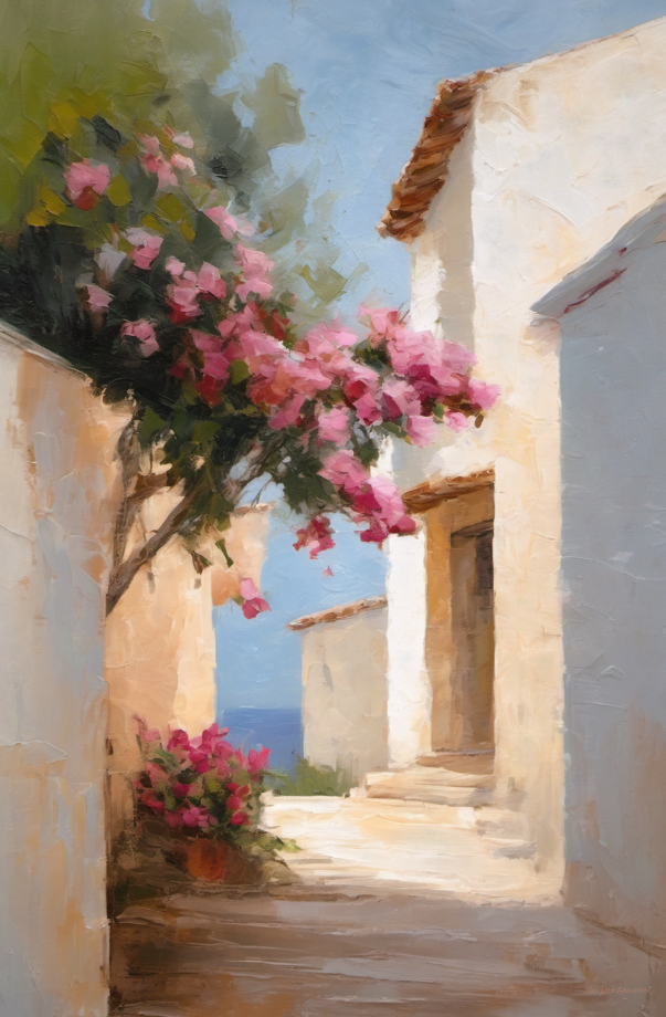 Painting of a sunlit alley with pink flowers and classical architecture.