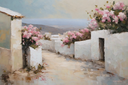 Painting of a white-washed street with pink flowers and a clear sky.