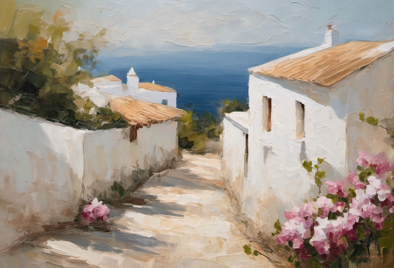 Painting of a Mediterranean village with white houses, blue sea, and pink flowers.