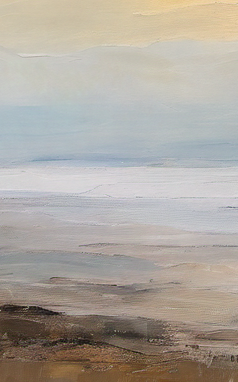 Abstract painting of a landscape with soft colors and a horizon line.