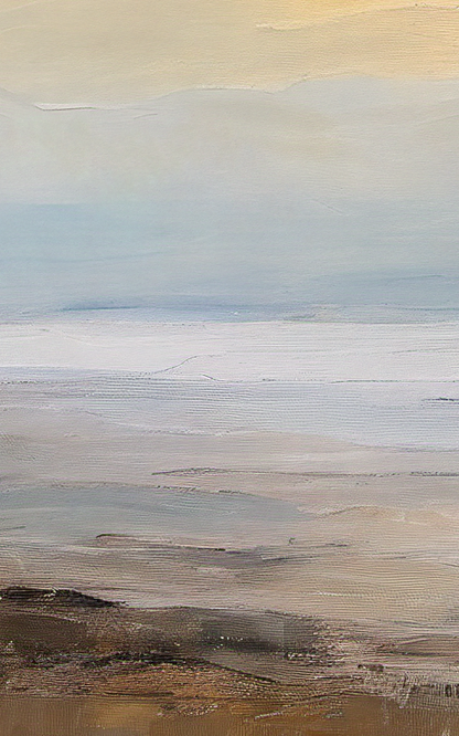 Abstract painting of a landscape with soft colors and a horizon line.