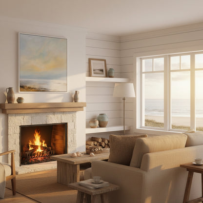 Cozy living room with fireplace, sofa, and large windows overlooking a beach.