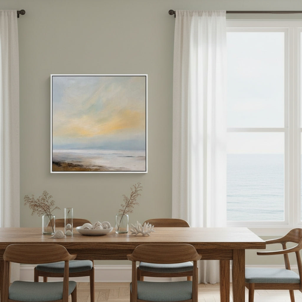 Dining room with a wooden table and chairs, featuring a large abstract painting on the wall.
