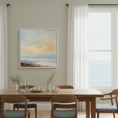 Dining room with a wooden table and chairs, featuring a large abstract painting on the wall.