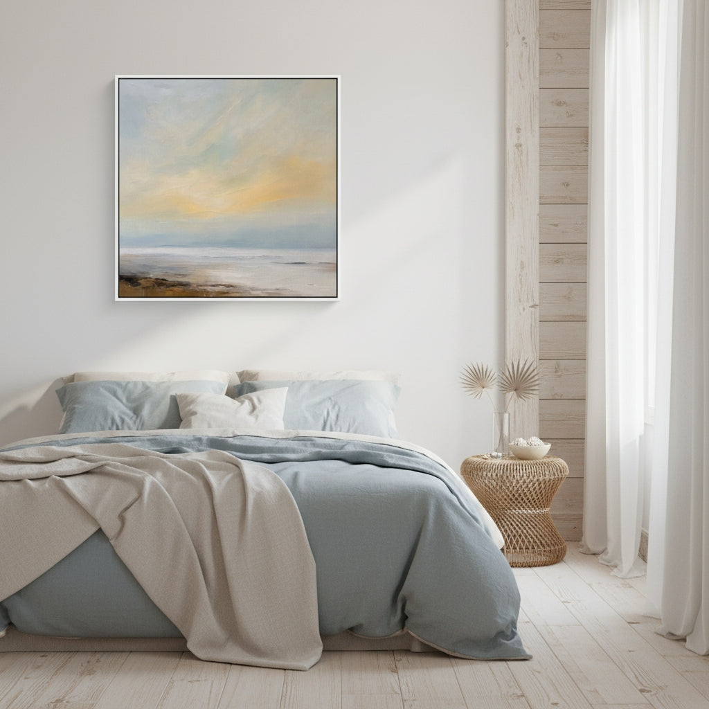 Bedroom with a bed, side table, and abstract painting on the wall.