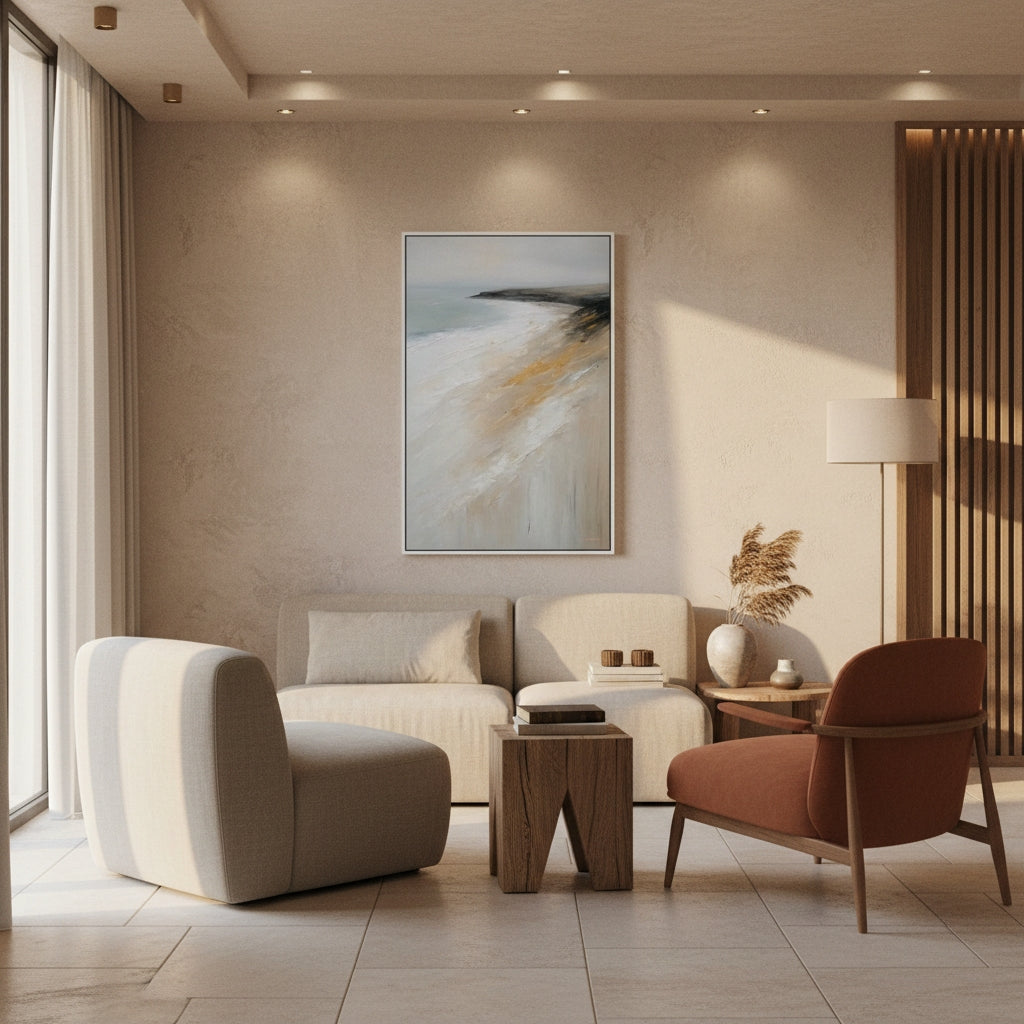 Modern living room with beige sofa, armchair, and abstract painting on wall.