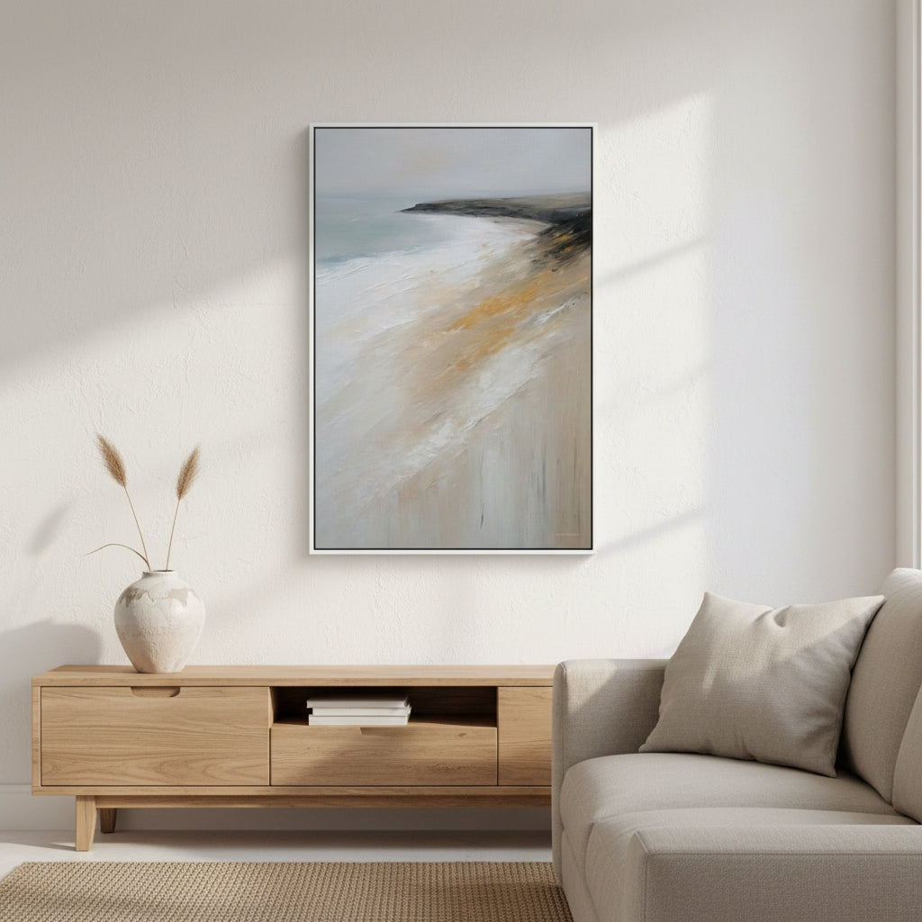 Modern living room with a abstract painting on the wall, wooden cabinet, and beige sofa.