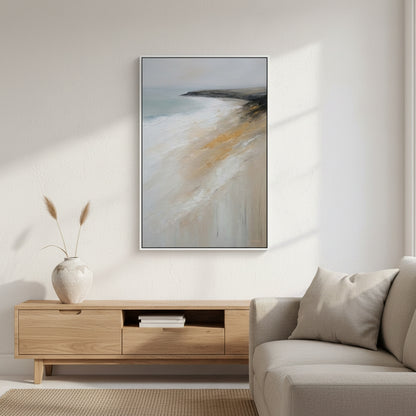 Modern living room with a abstract painting on the wall, wooden cabinet, and beige sofa.