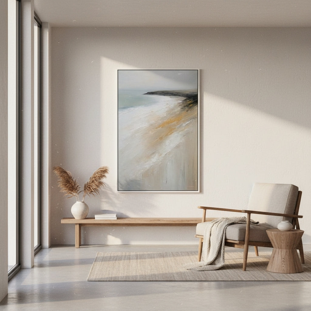 Modern living room with abstract painting, armchair, and wooden bench.
