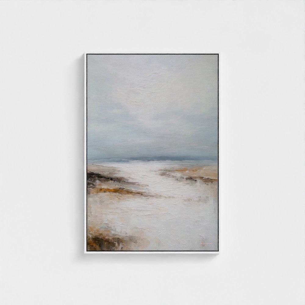 Abstract landscape painting with earthy tones on a white background