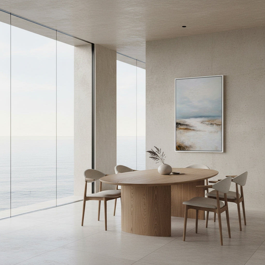 Modern dining room with wooden table and chairs, large windows, and abstract art on the wall.