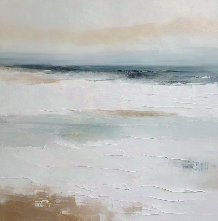 Abstract painting with horizontal brushstrokes in beige, brown, and blue on a light gray background