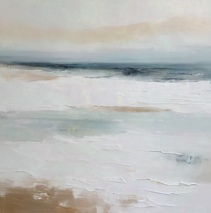 Abstract painting with horizontal brushstrokes in beige, brown, and blue on a light gray background