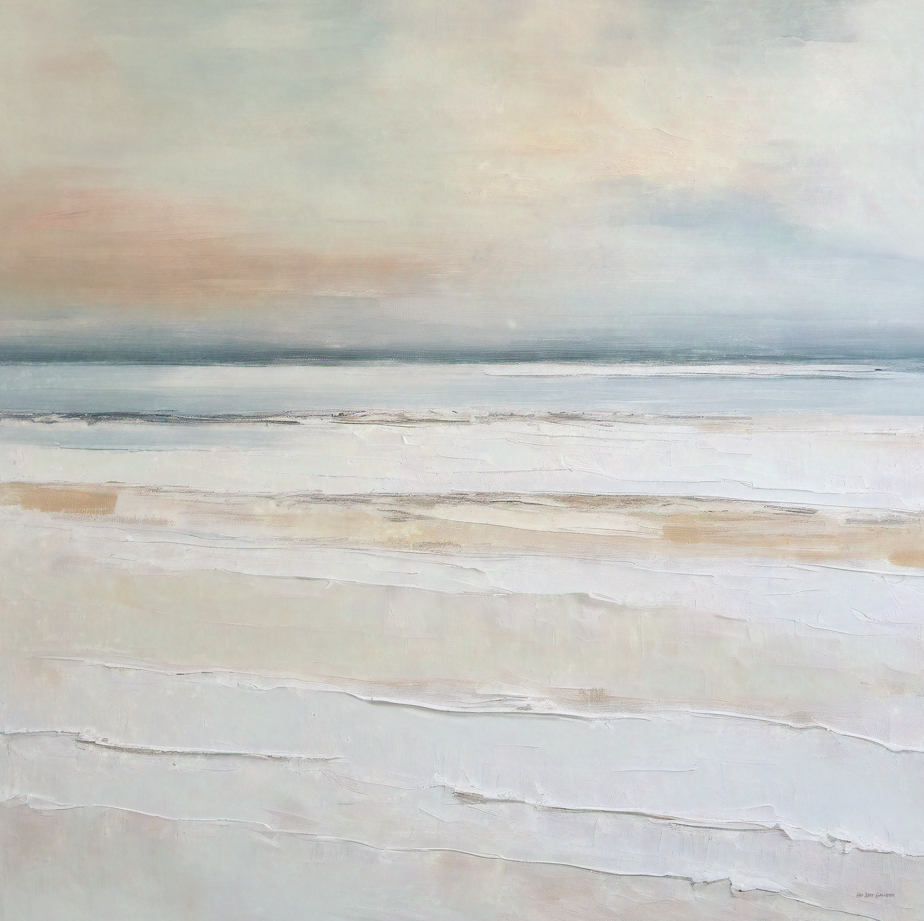 Abstract artwork with horizontal brushstrokes in soft colors