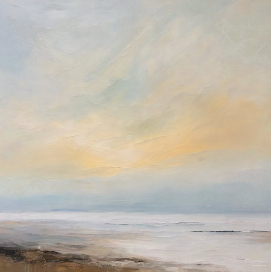 Abstract painting of a landscape with soft colors and a horizon line.