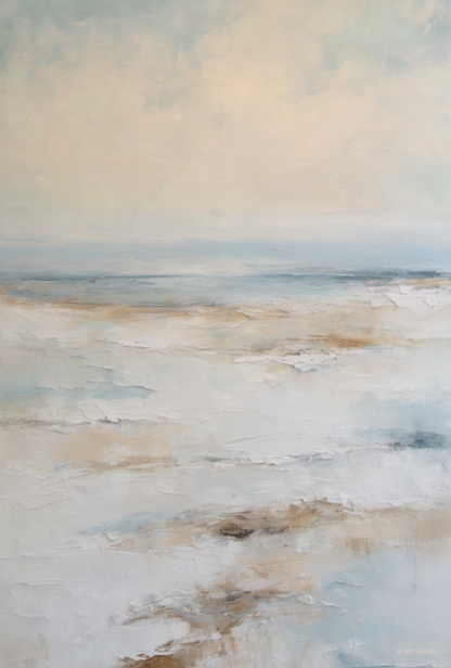 Abstract painting with soft, blended colors in beige, brown, and blue.