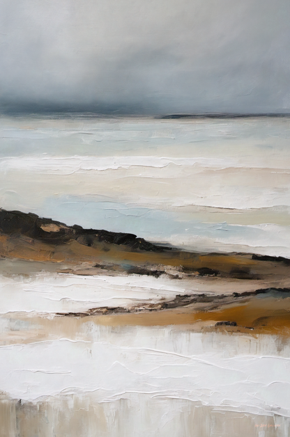 Abstract landscape painting with earthy tones and a cloudy sky