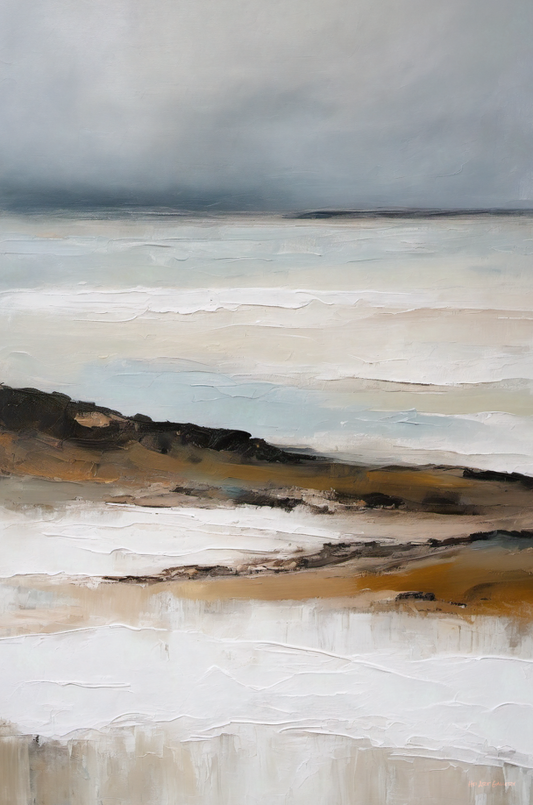 Abstract landscape painting with earthy tones and a cloudy sky