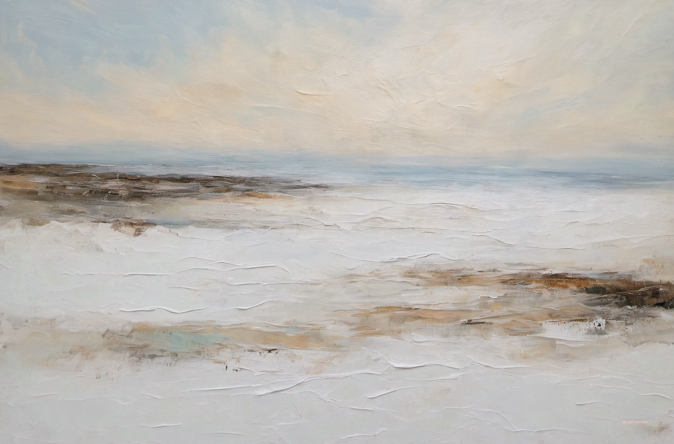 Abstract landscape painting with earthy tones and a soft sky.