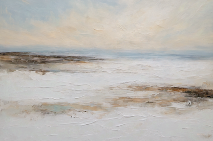 Abstract landscape painting with earthy tones and a soft sky.