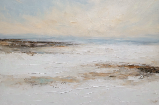 Abstract landscape painting with earthy tones and a soft sky.