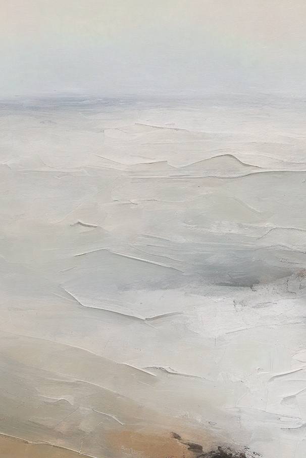 Abstract art with wavy patterns in white, gray, and beige tones.