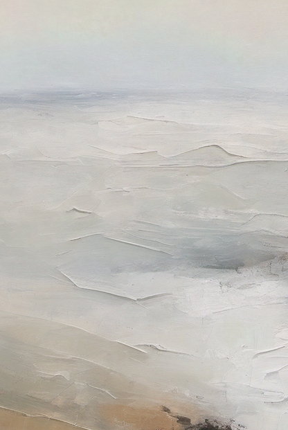 Abstract art with wavy patterns in white, gray, and beige tones.