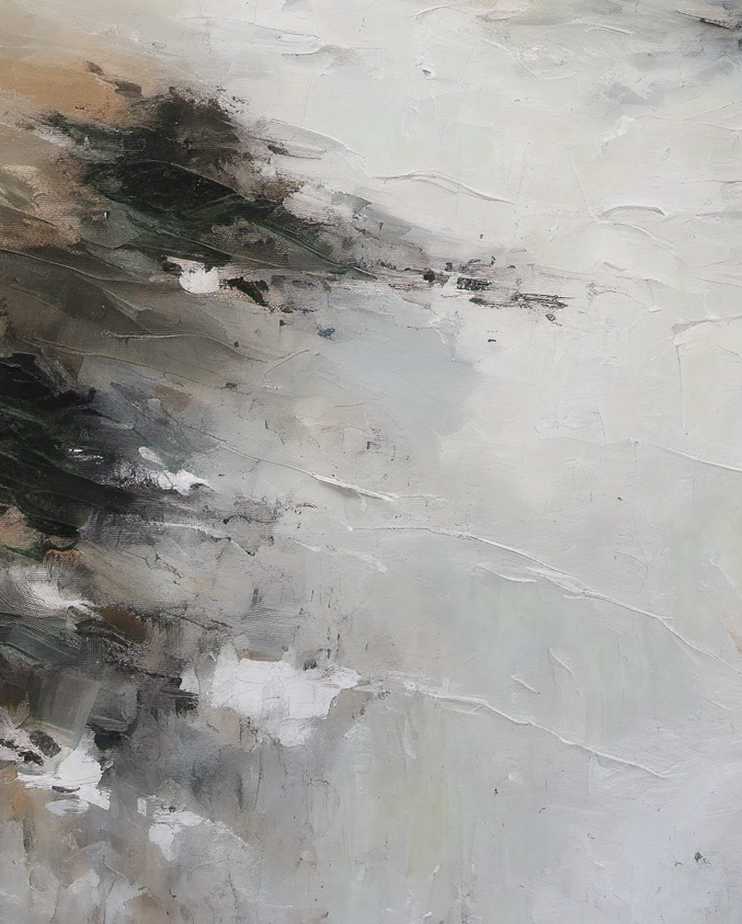Abstract art with black, white, and gray brush strokes on a textured surface