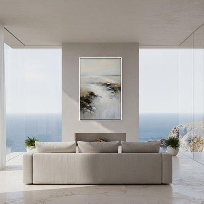 Modern living room with a large sofa and abstract painting on a wall with a scenic view.