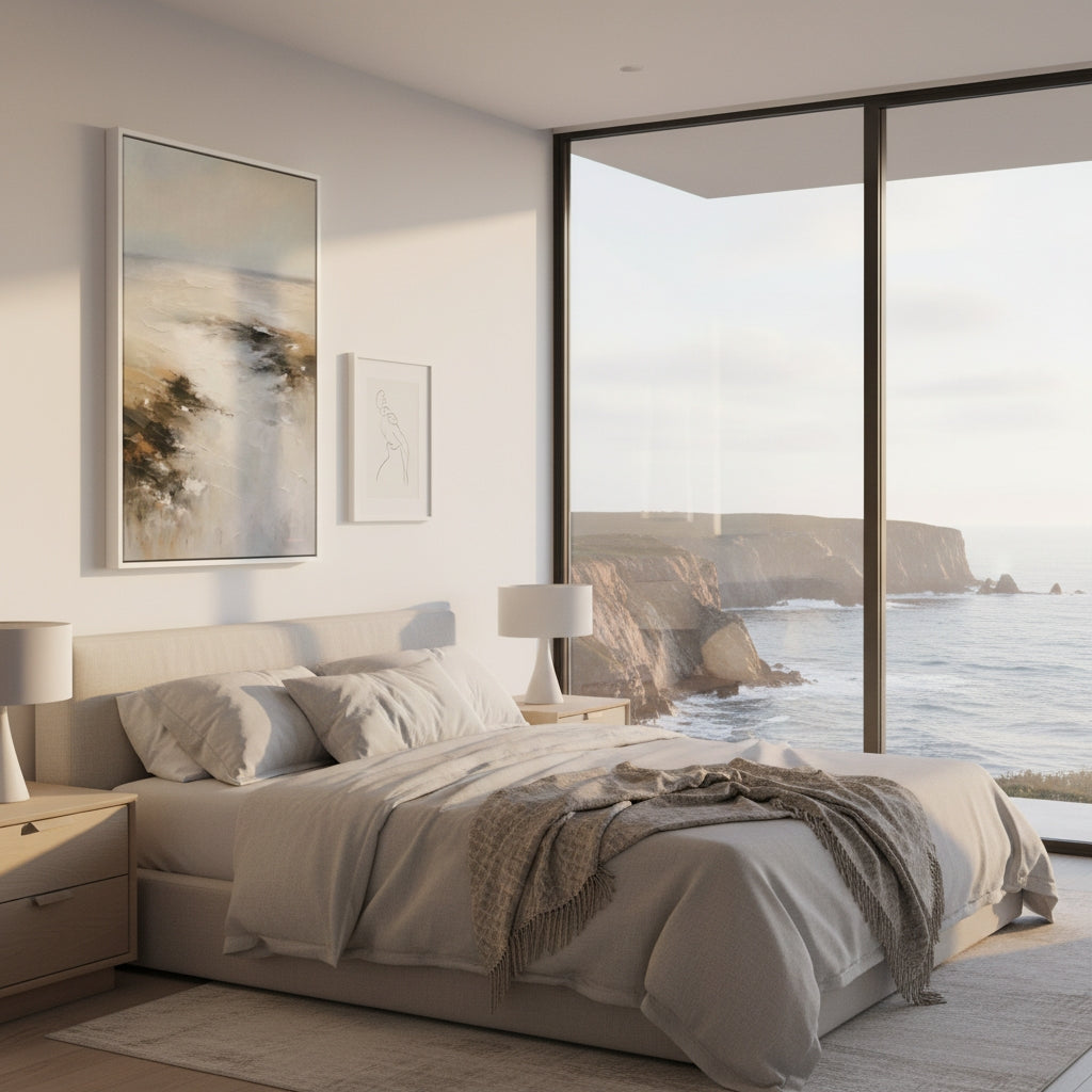 Modern bedroom with ocean view through large windows