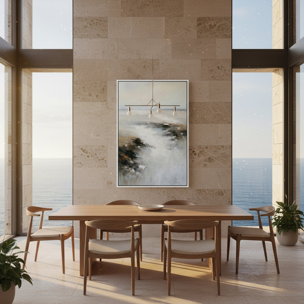 Dining room with a large abstract painting on the wall, wooden table, and chairs, and a view of the ocean.