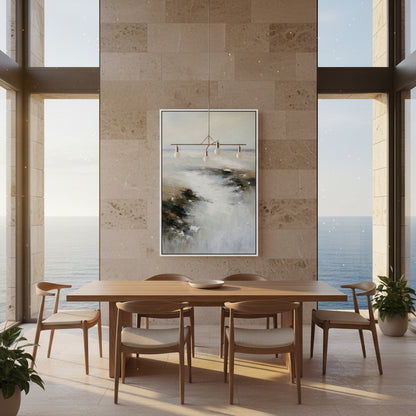 Dining room with a large abstract painting on the wall, wooden table, and chairs, and a view of the ocean.