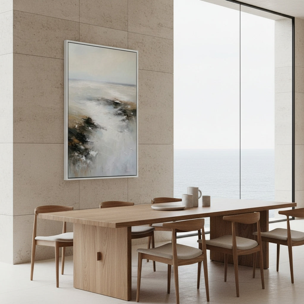 Modern dining room with wooden table and chairs, abstract painting on wall, and large window.