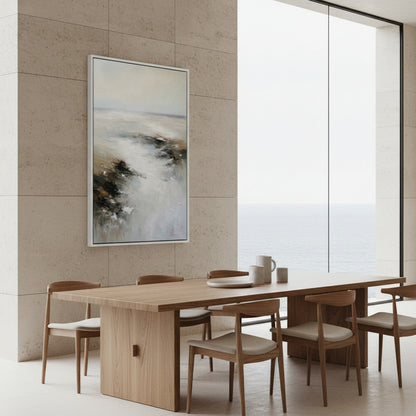 Modern dining room with wooden table and chairs, abstract painting on wall, and large window.