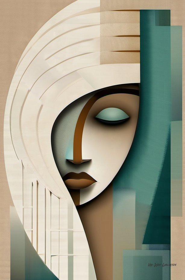 Abstract art piece with geometric shapes and a face-like design.
