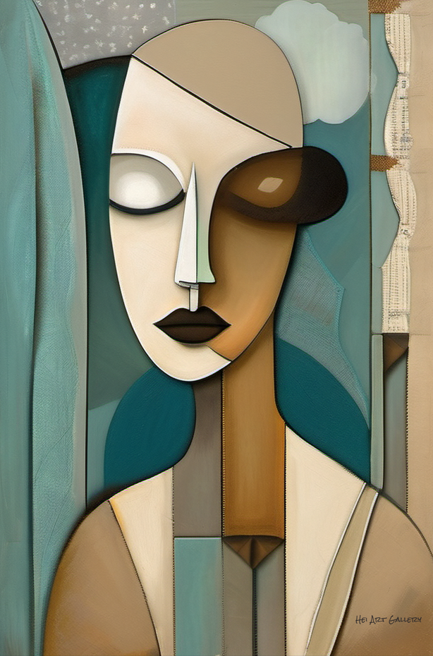 Abstract art piece with geometric shapes and a stylized face.