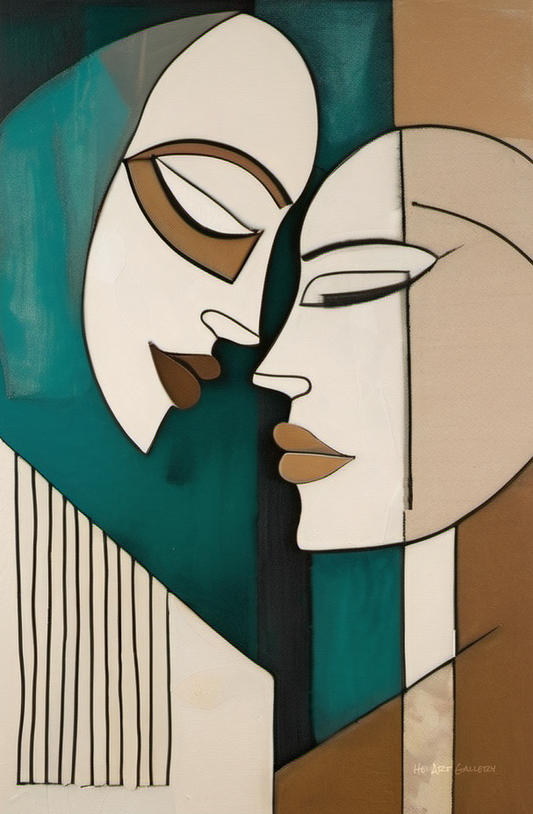 Abstract artwork of two faces in profile with geometric shapes