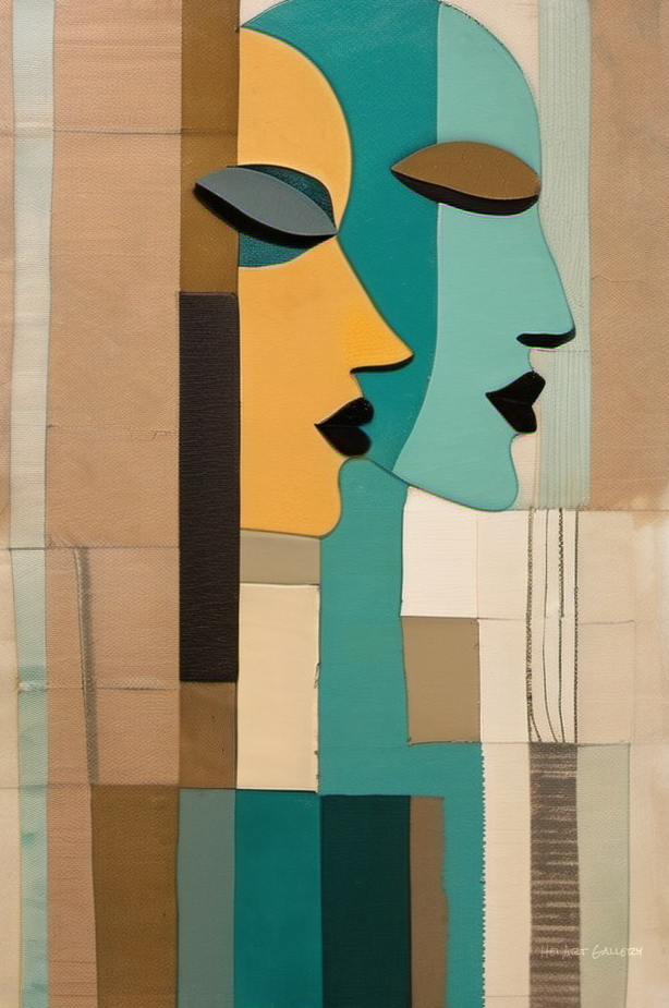 Abstract art piece with two stylized faces in teal and yellow on a multicolored striped background.
