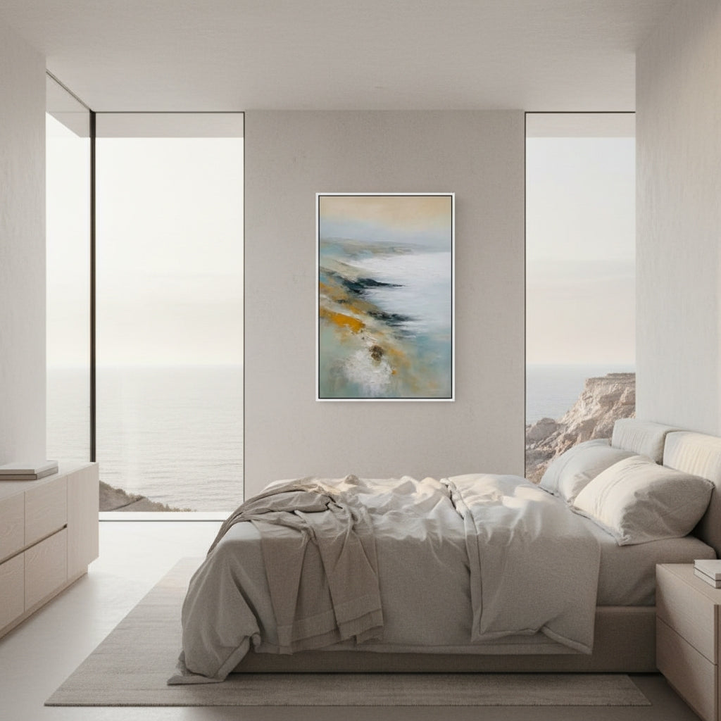 Modern bedroom with a bed, abstract painting on the wall, and large windows.