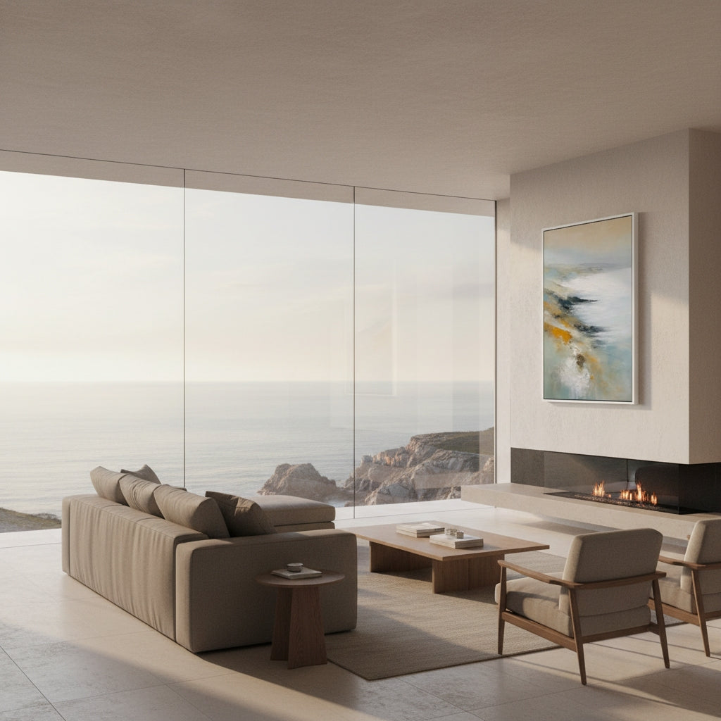 Modern living room with a large window view of a coastal landscape.