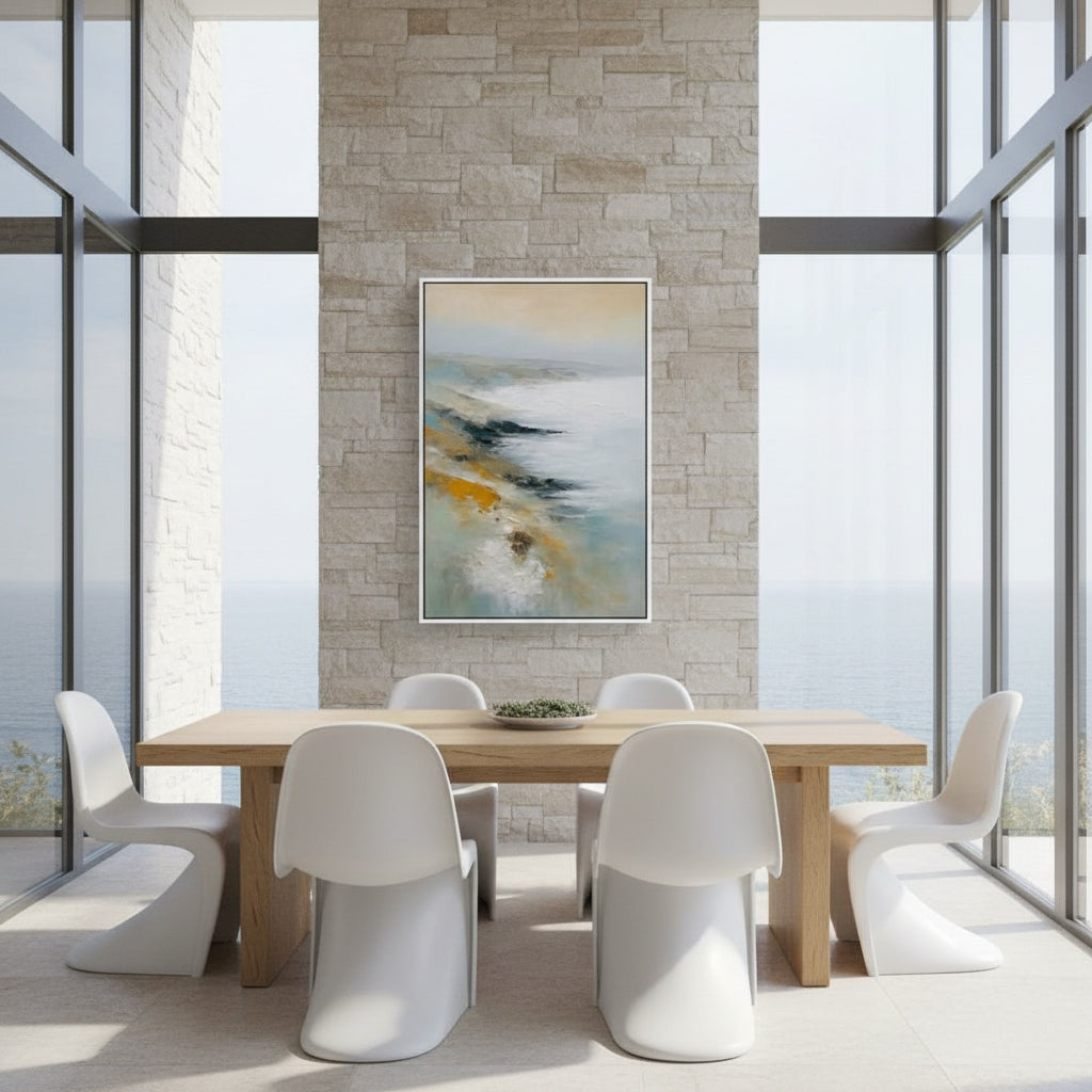 Modern dining room with a wooden table and white chairs, featuring a abstract painting on the wall.
