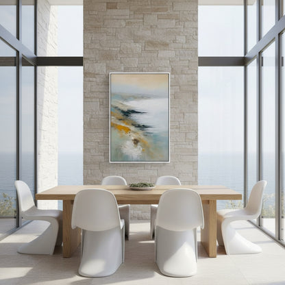Modern dining room with a wooden table and white chairs, featuring a abstract painting on the wall.