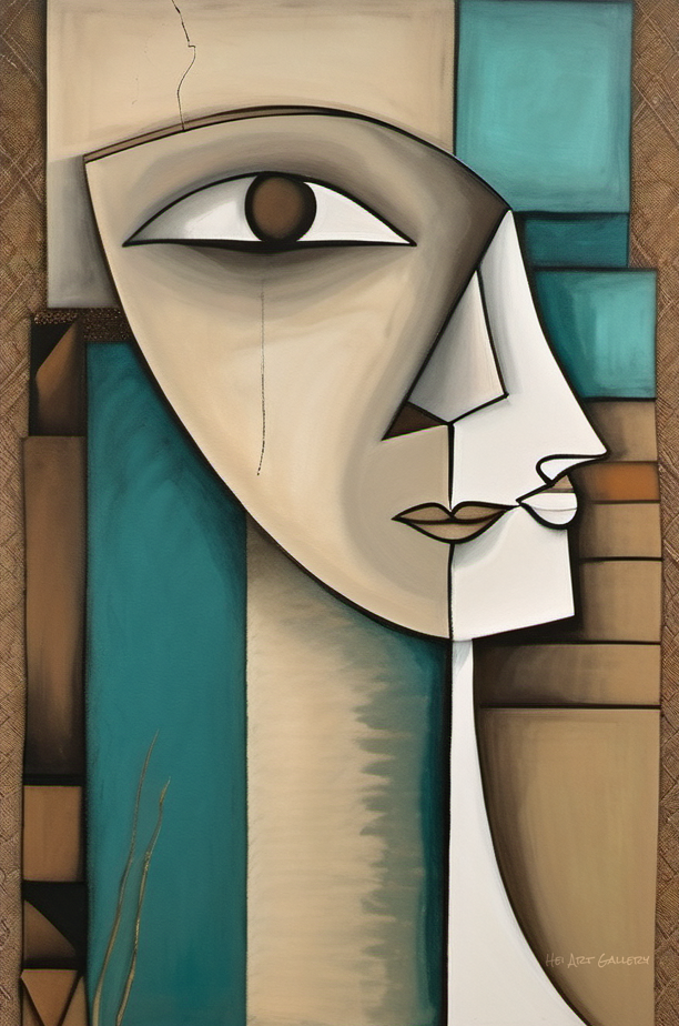 Abstract artwork with a stylized face and geometric shapes in teal, beige, and brown.