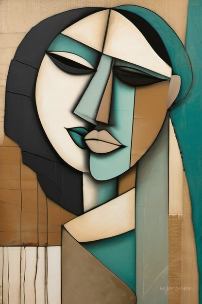 Abstract art piece of a stylized face with geometric shapes on a beige background