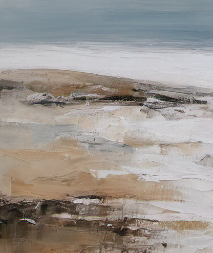 Abstract art with horizontal brush strokes in beige, brown, and gray.