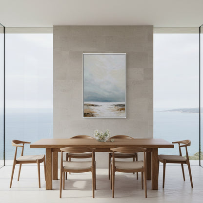 Dining room with wooden table and chairs, abstract painting on wall, and large windows.