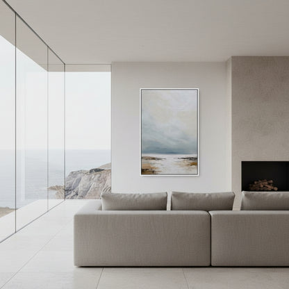 Modern living room with a large abstract painting on the wall, a sofa, and a fireplace.